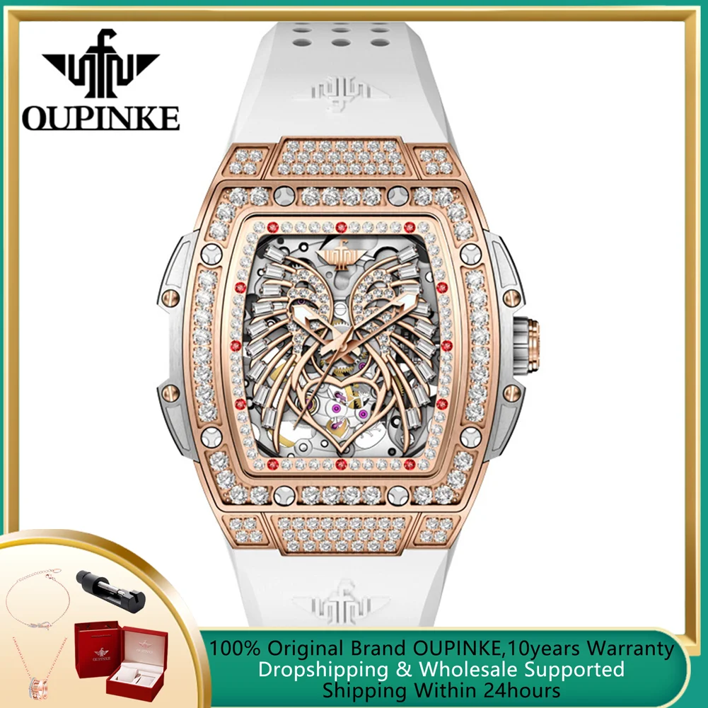 

OUPINKE Fully Diamond Women's Mechanical Watches Luxury Imported Automatic Movement Silicone Strap Skeleton Ladies Wristwatches