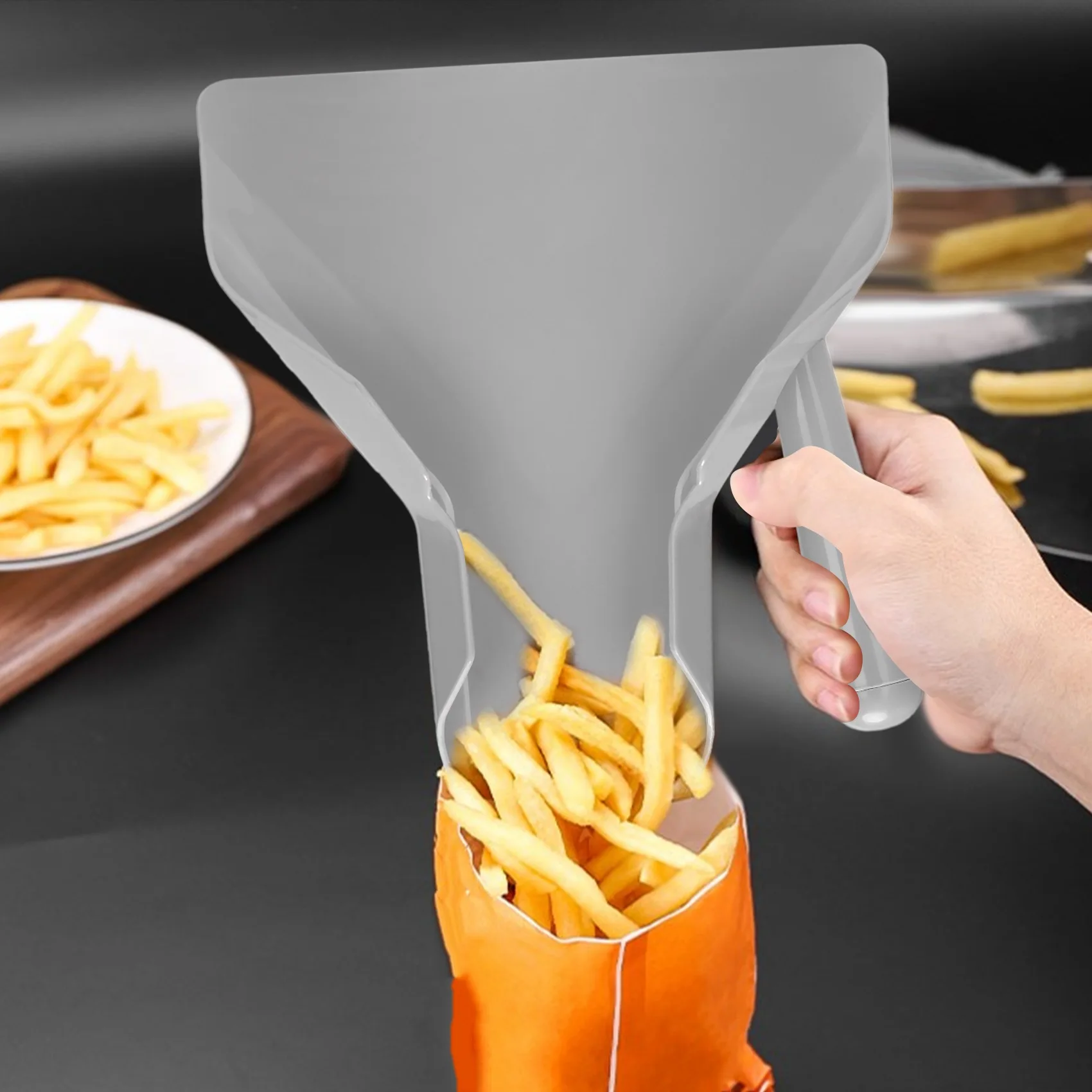 Pala de plástico para patatas fritas, pala de embalaje, embudo de palomitas de maíz, comida rápida, mango derecho
