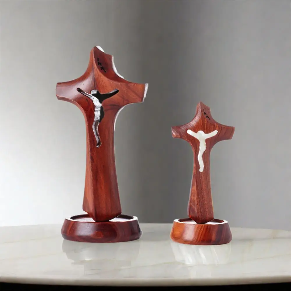 

Art Wooden Hollow Cross Natural Detachable Religious Crosses Ornament Standing with Base Crucifix Sculpture Living Room