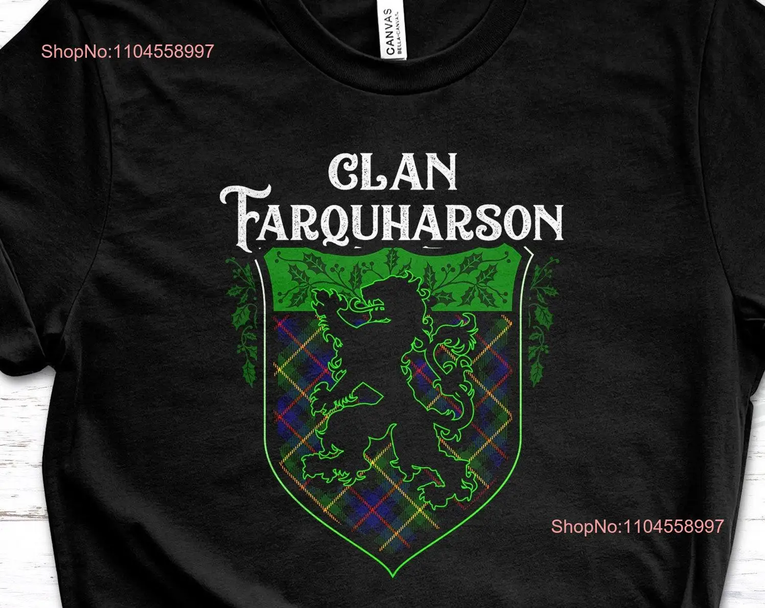 Clan Farquharson Scottish Tartan Lion Rampant T Shirt Crest Last Name Surname Women's long or short sleeves