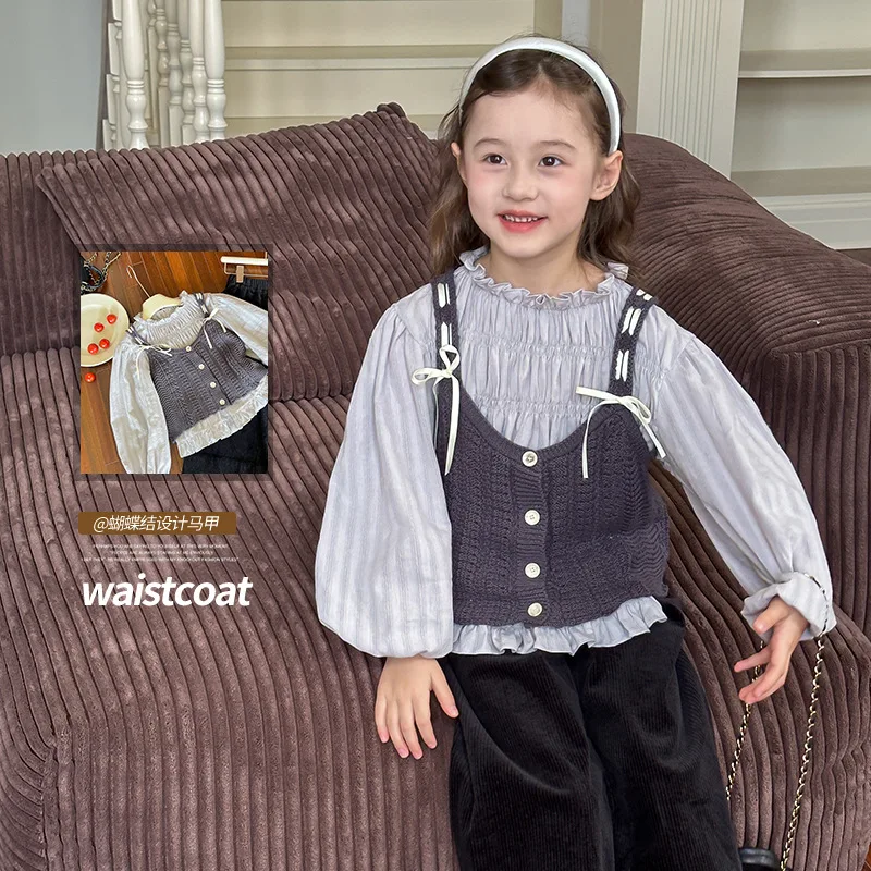 Girls Clothes 2024 Baby Autumn Design Sense Bow Sweet Style Knitted Sweater Waistcoat Solid Color Doll Shirt Casual Pants Set