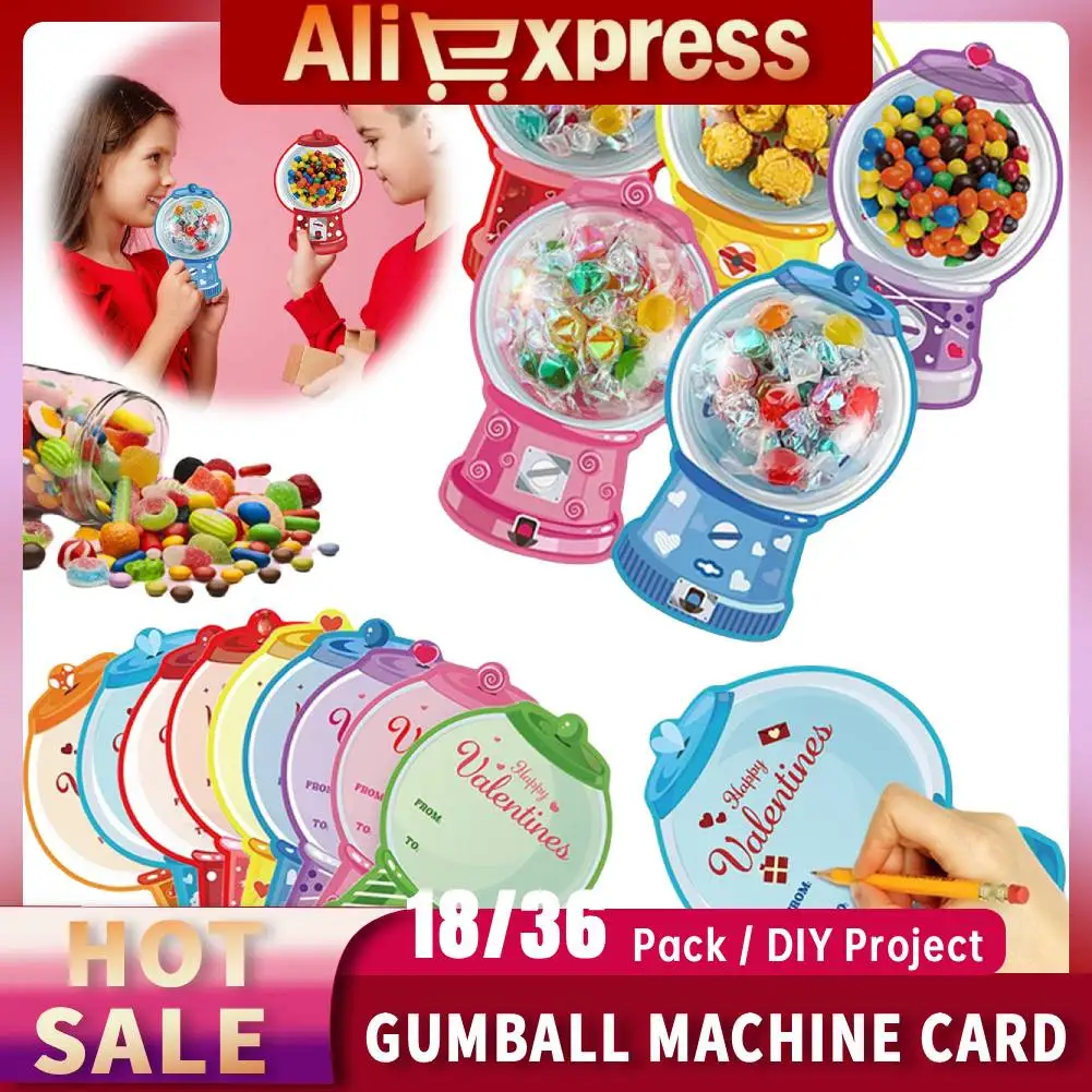 18/36 Pack Valentines Candy Cards Bubble Gum Machine Designs DIY Valentine Greeting Cards Set for Kids School Party Favors Gifts