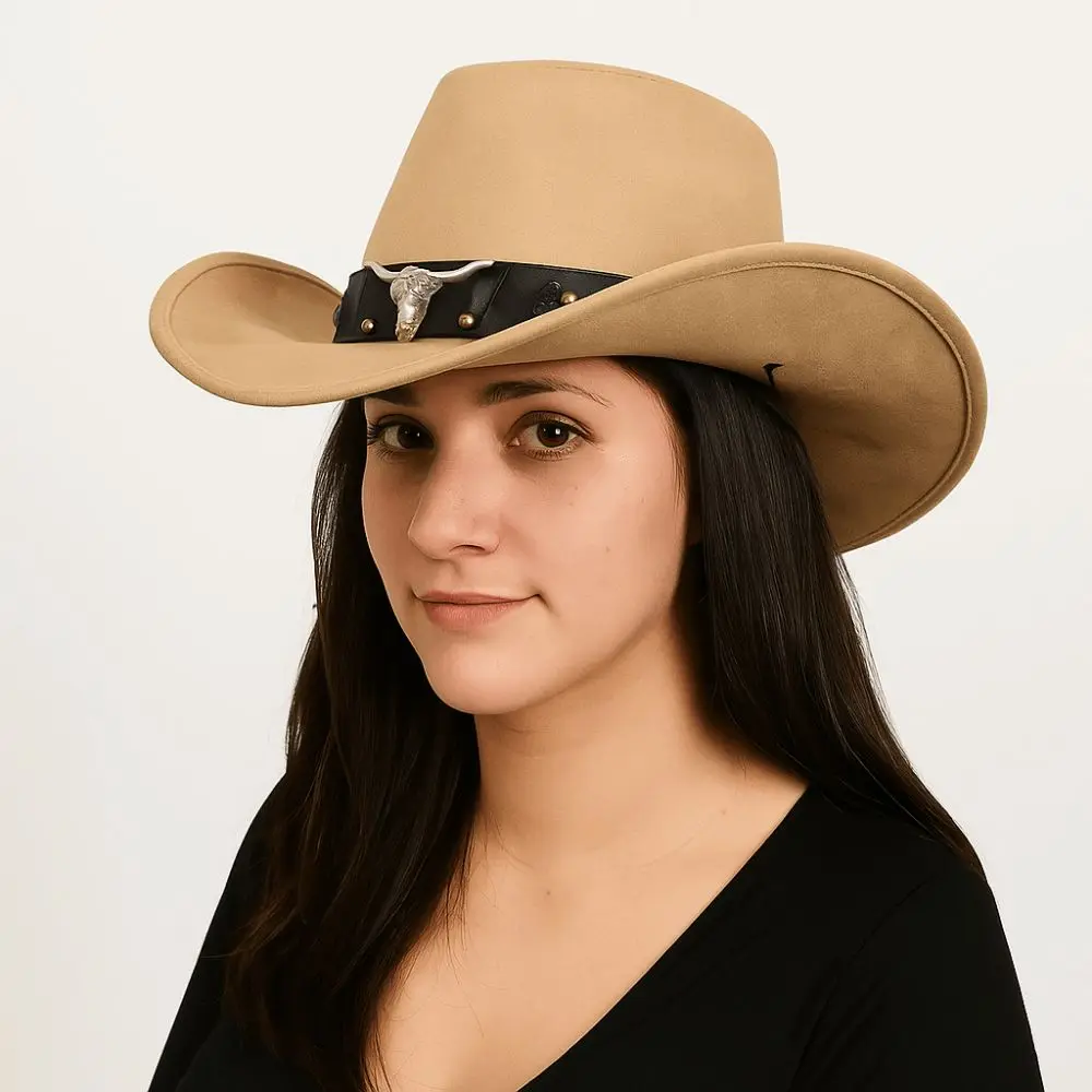 

Vintage Ethnic Style Western Cowboy Hat Cow Head Wide Brim Knight Hat Roll Brim Solid Color Cowgirl Jazz Hat Sun Protection
