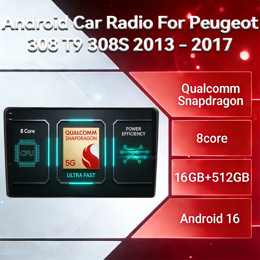 Android 16 Car Radio For Peugeot 308 T9 308S 2013 - 2017 Head Unit BT Qualcomm 4G WIFI Multimedia Video Player GPS NAVI 2DIN