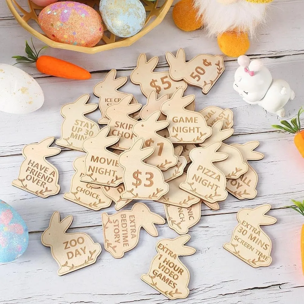 Hout Easter Bunny Egg Beloning Tokens,28Pcs Easter Prijzen Stuffers 25 Inwisselen Tokens + 3 Blanco Diy Tokens, Paas Ei Fillers