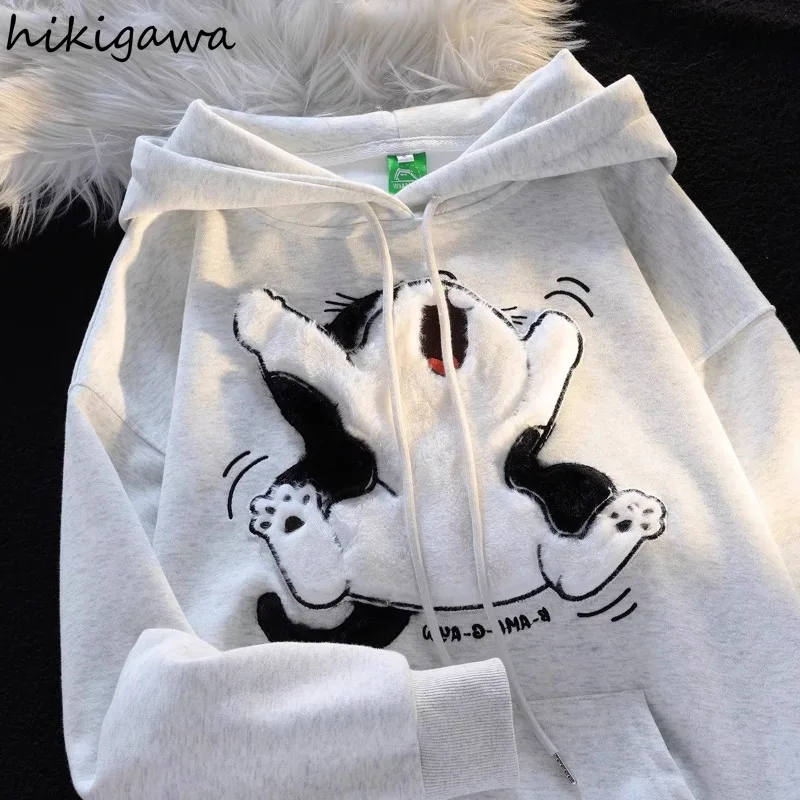 2023 Ropa Mujer Hooded Japanese Anime Hoodie Women Clothing Flocking Cat Oversized Tops Streetwear Vintage Chic Y2k Sweatshirts