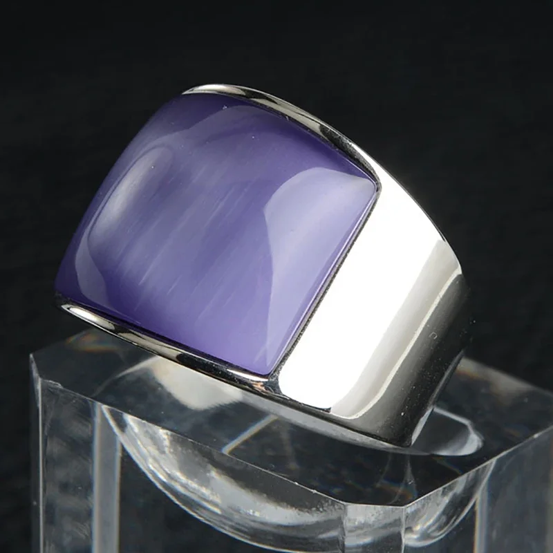 12 Colors Luxury Bling Stainless Steel Rings for Men Women Classic Big Purple Cat\'s Eye Stone Mens Wedding Engagement Jewellery