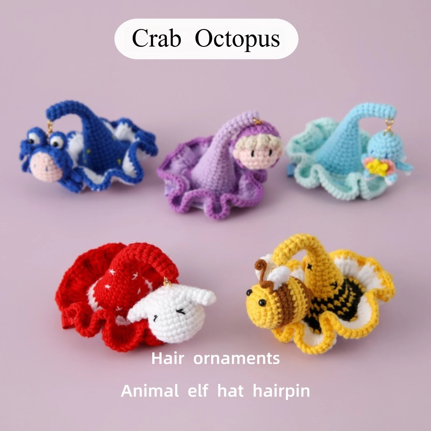 

Hair Clips for Baby Girls Handmade Crochet Handmake Knitted Hairpin Cute Crab, octopus, jade cinnamon, bee , elf Headwear