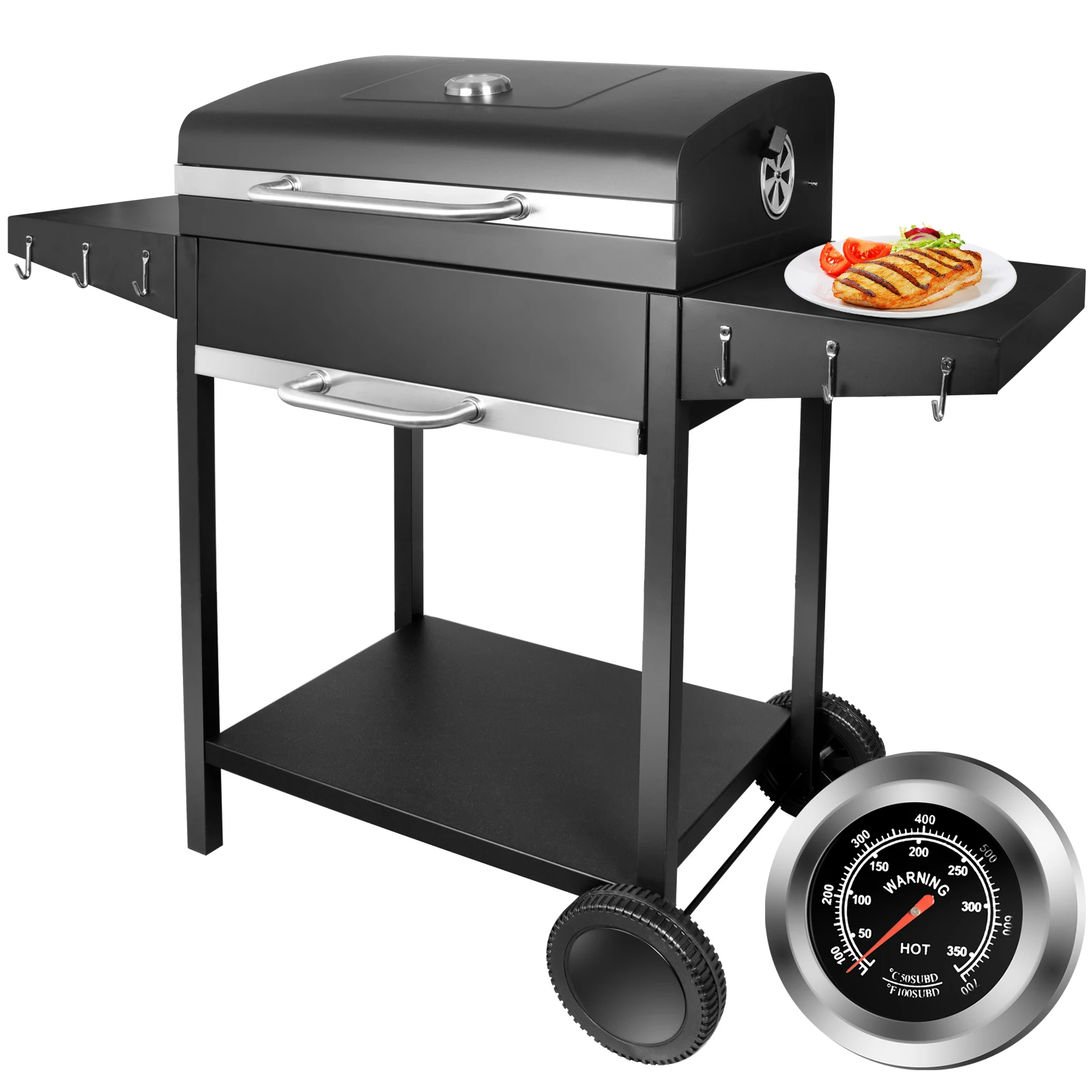 Grillwagen Holzkohlegrill mit Deckel, XXL Kohlegrill mit Rädern & Thermometer und zwei Ablagen, groß