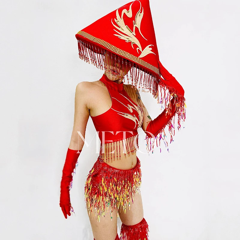 Strój Drag Queen Czerwony kostium taneczny na rurze Seksowna odzież tancerza Gogo Szorty z frędzlami Topy Odzież festiwalowa Ubrania imprezowe 2535