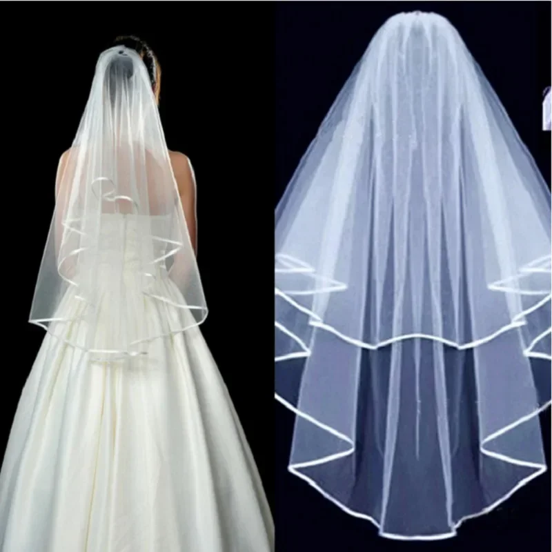 Tulle White Ivory Two Layers Ribbon Edge Comb Cheap Wedding Accessories Short Bridal Veil