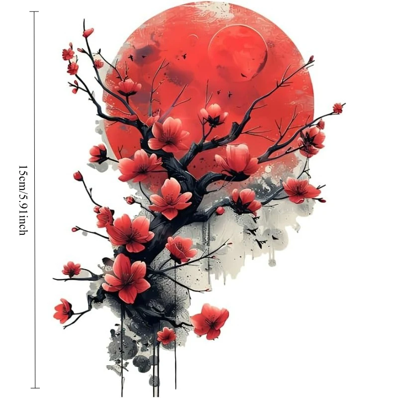 Red Sun Cherry Blossom Vinyl Sticker, Waterproof Decal for Fridge, Desk, Cabinet, Laptop, Tumbler, Smooth Surfaces Decor