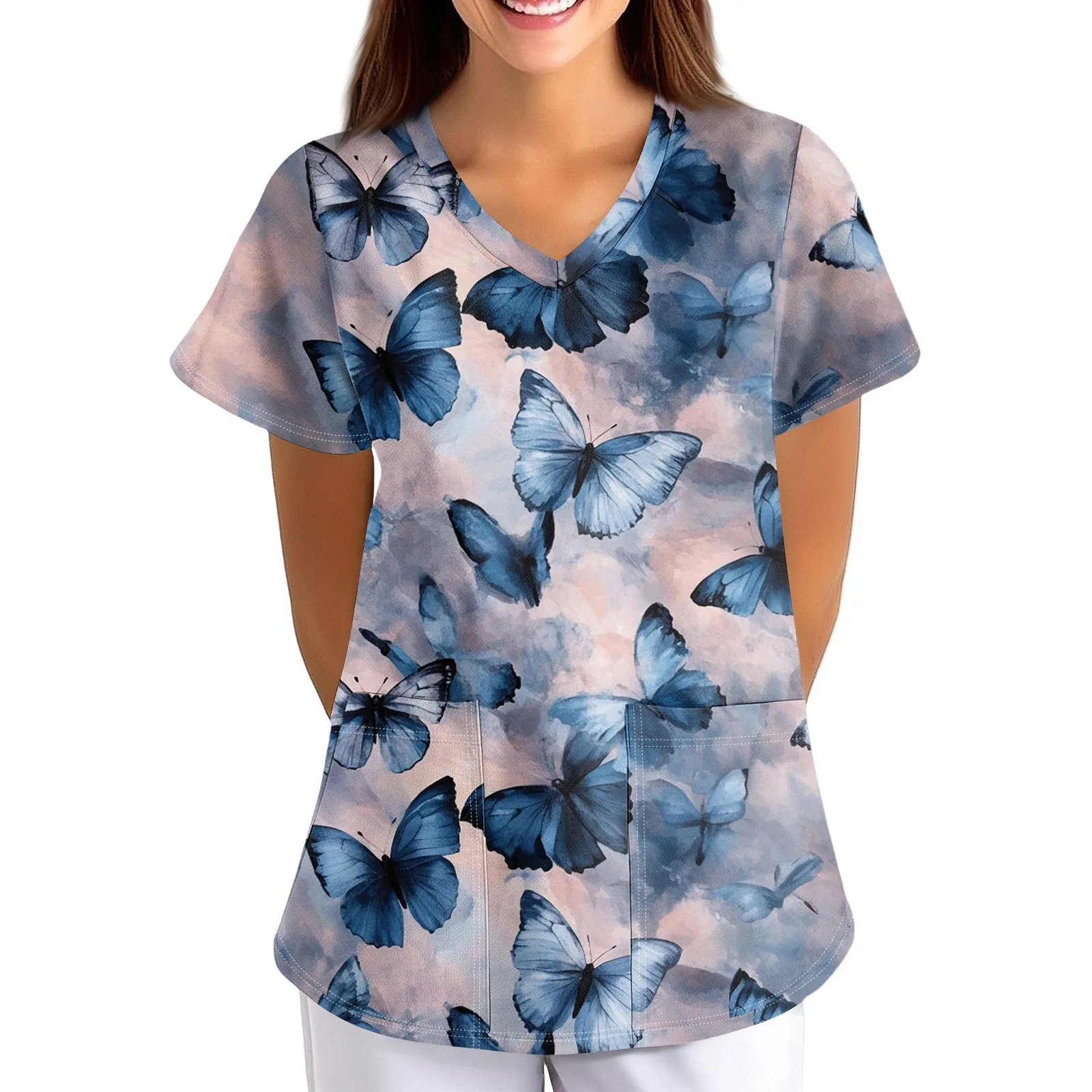 

Женские свободные топы с v-образным вырезом, милые маленькие животные с мультяшным принтом, карманные скрабы для кормления с короткими рукавами, топы, одежда больших размеров