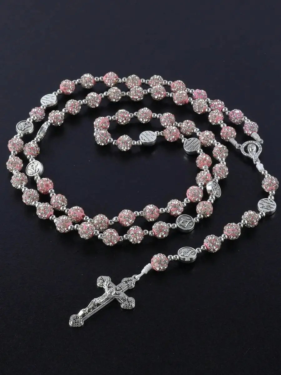 

Vintage Catholic Prayer Beads Necklace With Crystal Pink Beads And Cross Pendant