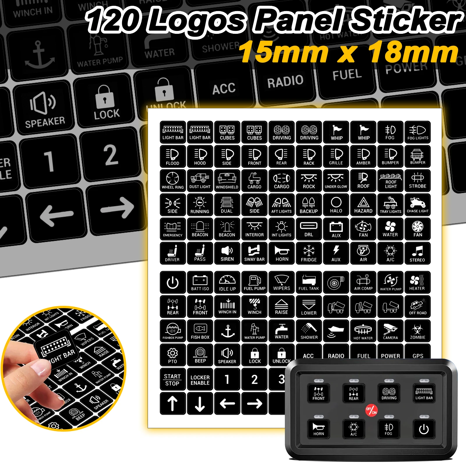 

120PCS Car Switch Panel Sticker for 6/8 Gang Panel Decal Graphic Text Auto Rocker Switch Labels for Boat RV Truck Vehicle