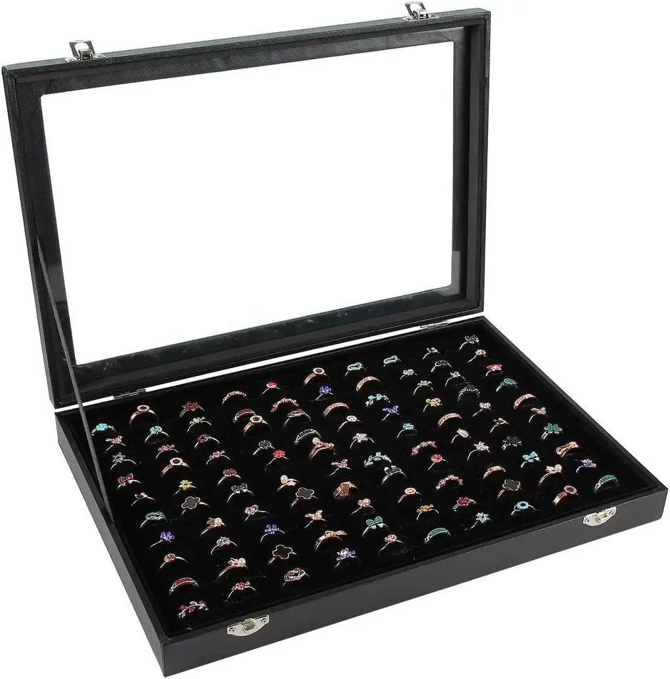 

100 Slot Ring Display Case with Transparent Lid, Jewelry Organizer for Rings Earrings, Black