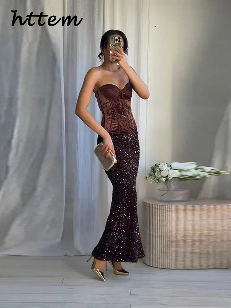 أنيقة الترتر حورية البحر التنانير الطويلة مجموعات النساء حمالة أكمام سليم هيكل السمكة سترة مطوي تنورة 2025 الخريف سيدة بدلة الحفلات