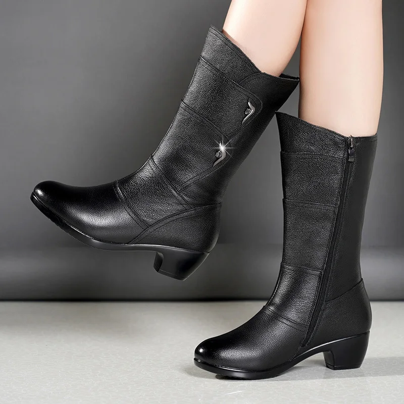 New Winter Elegant Fashion Chunky Mid-calf Boots Round Head Sexy Comfortable Side Zipper Fashion Women's Knight Boots image 3