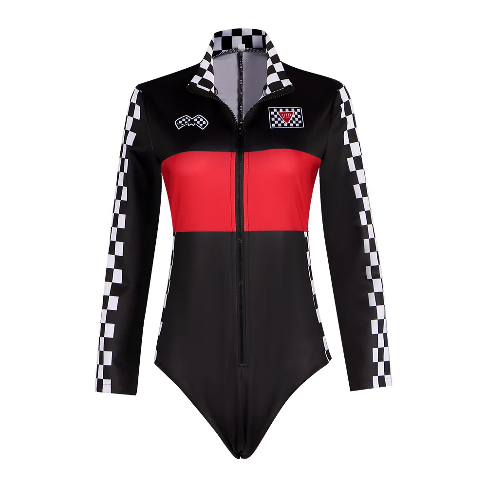 Kobiety kierowca samochodu wyścigowego kombinezon przebranie na karnawał seksowne body z długimi rękawami gra samochodowa Racer Girl cheerleaderki jednolite Halloween