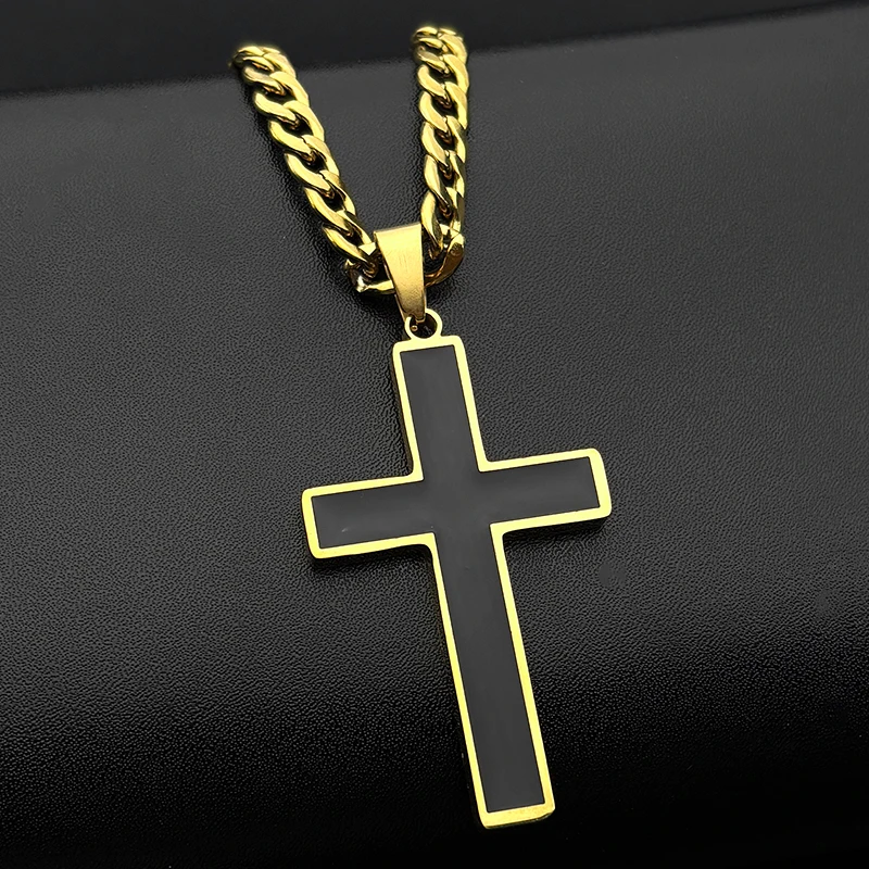 كريستيان الصليب الفولاذ المقاوم للصدأ يسوع المسيح الأسود المينا قلادة قلادة النساء الرجال الذهب اللون سلسلة القلائد تميمة المجوهرات