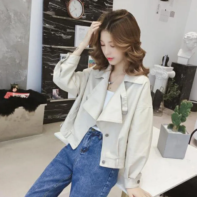 New Spring and Autumn Women's Casual Loose PU Leather Motorcycle  Jacket Fashion BF coat