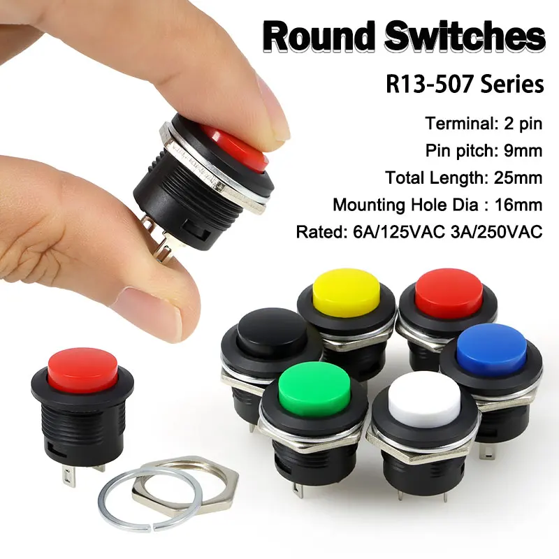 R13-507 Momentary Push Button Switch Black/Blue/Red/White/Yellow/Green 16mm 2Pins 6A/125VAC 3A/250VAC Round Electrical Switchs