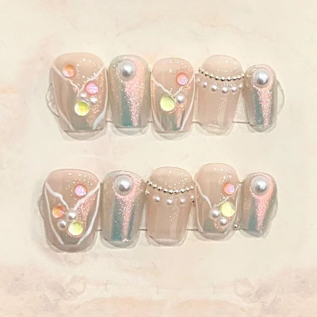 10Pcs Coffin Handmade Press On Nails Full Cover Mermaid Design Pearl Aurora Summer False Nails Wearable Manicure Nail Tips Art