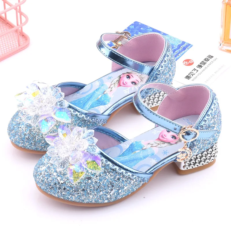 Disney princesa Frozen Elsa Zapatos de vestir de tacón alto para niñas, pilar de cristal, purpurina, informal, fiesta