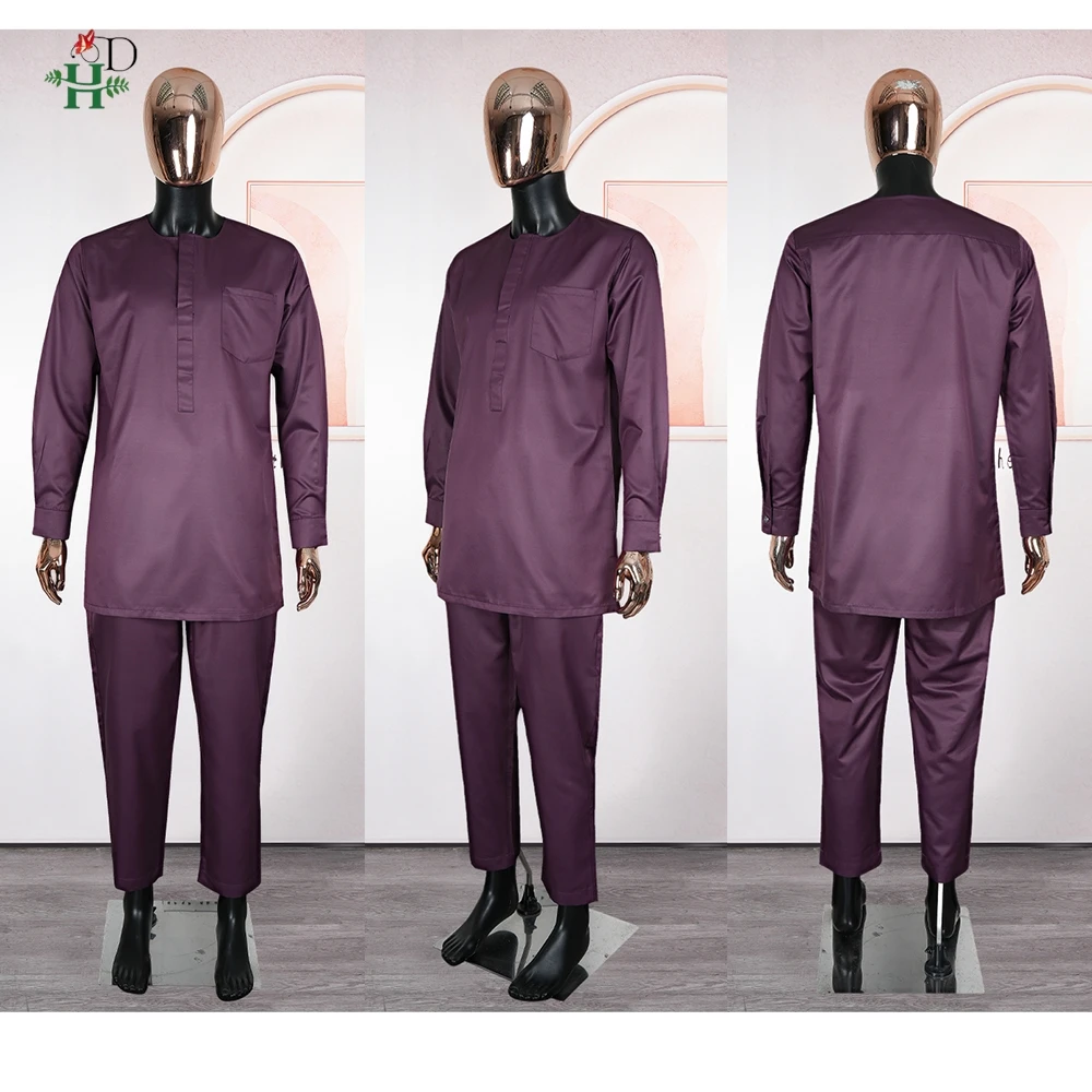 H&D Pria Kasual Kaftan Longgar Muslim Thobe Jubba Dishdasha Thawb Dress 3PCS Set Agbada Arab Warna Ungu Bordir Jubah Baru 2026