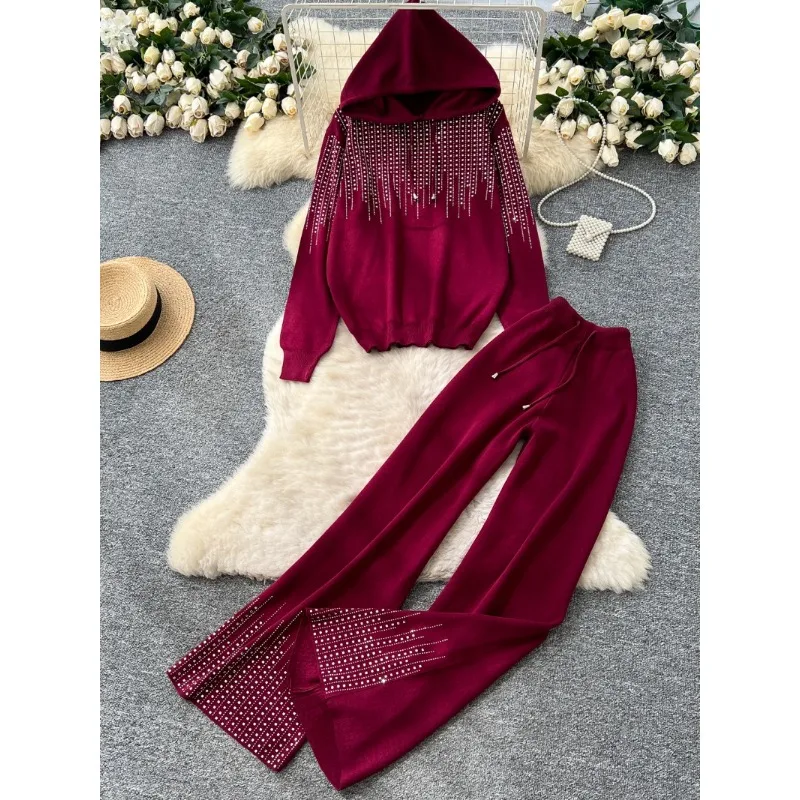 

Расслабленный ленивый свитер, брючный костюм, женский осенний свободный вязаный свитер с капюшоном и стразами, топы с высокой талией, широкие прямые брюки