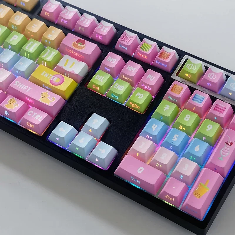 Side engraved keycaps, character light transmission pbt original micro-matte, cute ins wind dopamine small full set