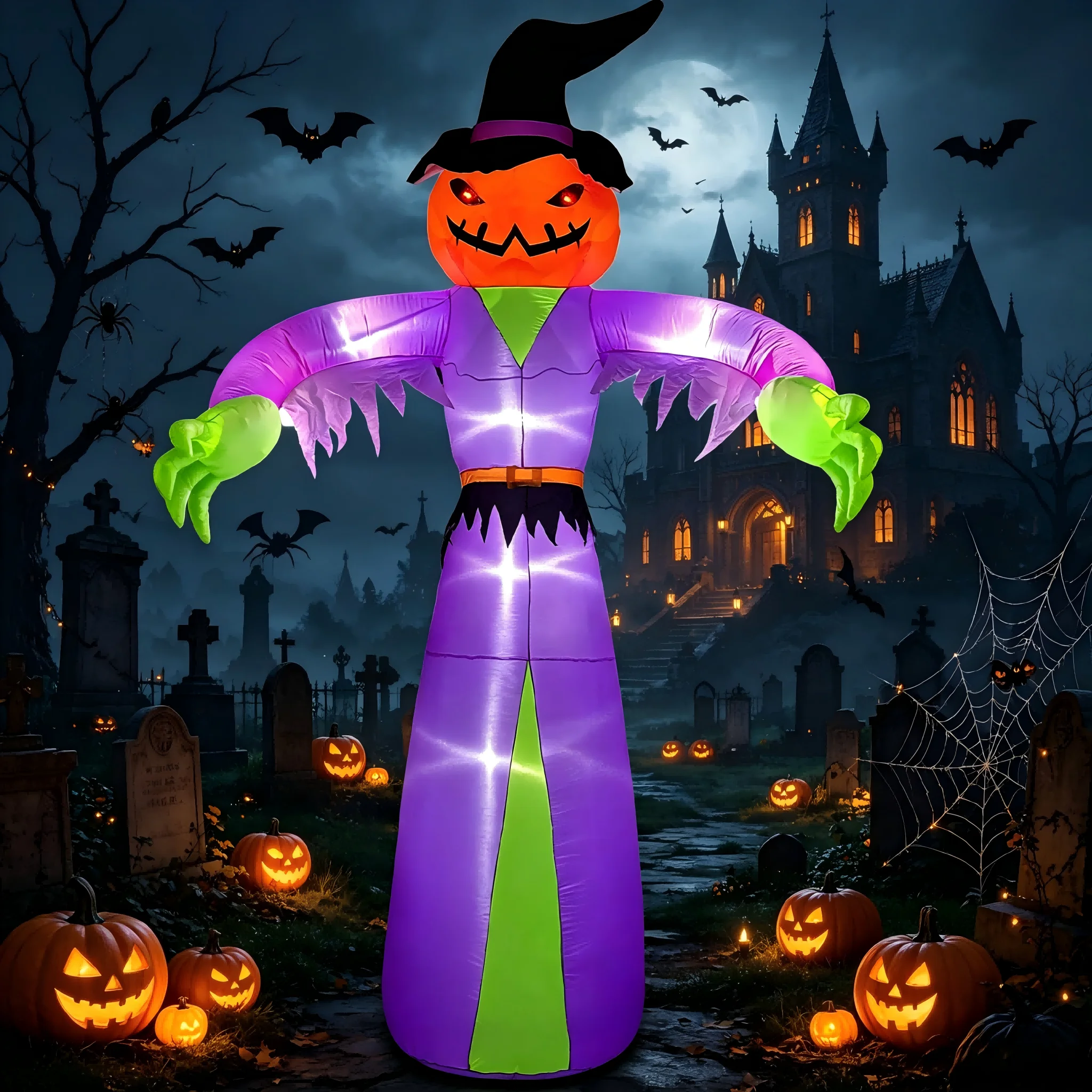 12 FT Giant Halloween Inflatables Pumpkin Ghost with Built-in LED Lights, Spooky Purple Robe & Witch Hat Blow Up Yard Decor with Green Hands, Halloween Blowups for Garden Lawn Party, Outdoor Halloween Decorations