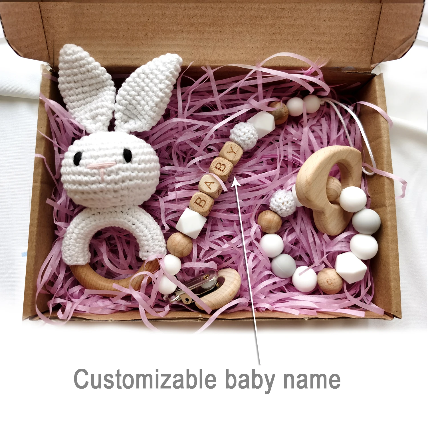 1Set Baby Toy Gift Teether Crochet Bunny Rattle Beech Wooden Teether  Pacifier Clip Chain Set Newborn Mobile Gym Educational Toy