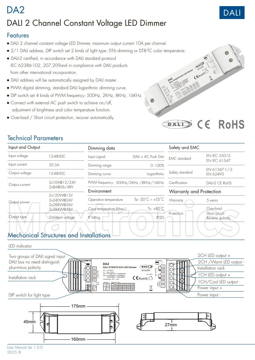 New Skydance 2Channel Constant Voltage DALI Dimmer DA2(DT6/DT8) 10A/CH for DT6 Dimming or DT8 Color Temperature LED Strip Light