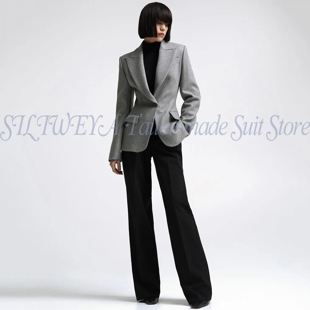 Customized Single Breasted One Button Women's Suit Grey Jacket Black Pants Ensemble 2 Pièce Femme Smart Casual Female Blazer Set