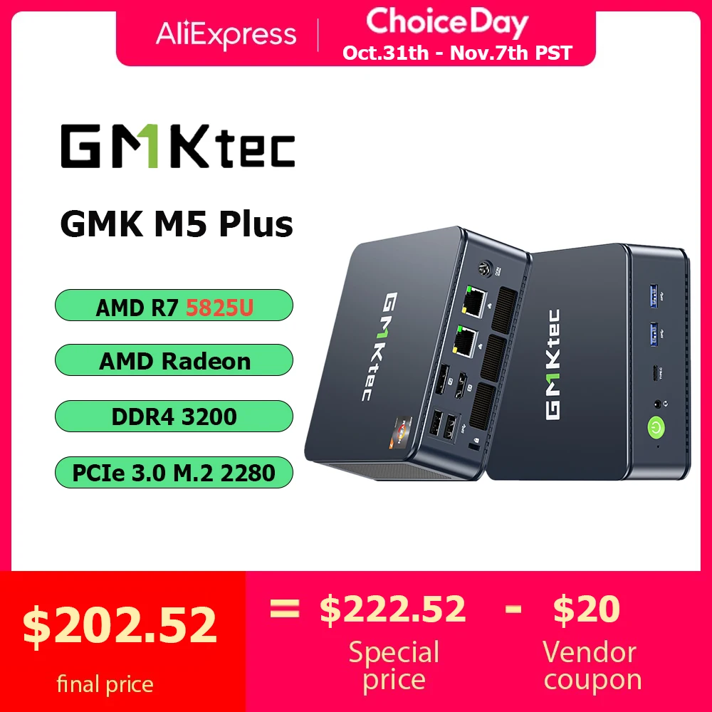 

GMKtec M5 Plus Computer AMD R7 5825U Mini PC 8-core 16-thread 16/32GB DDR4 512GB/1TB SSD Mini PC Win 11 Pro Mini Desktop PC