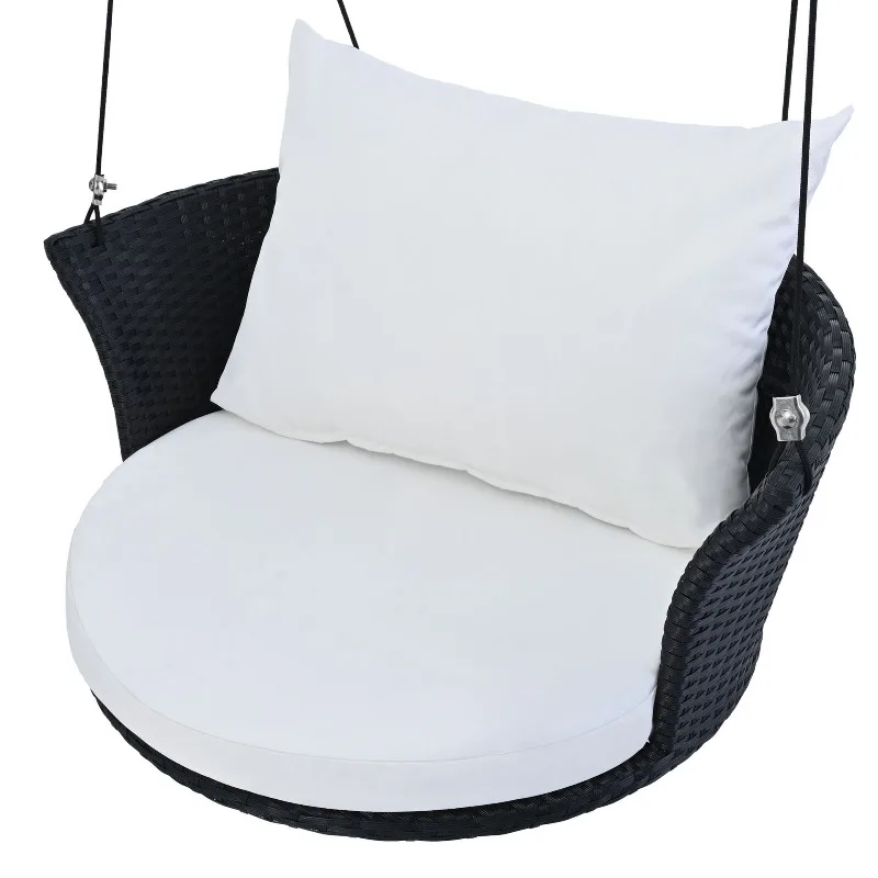 

Single Hanging Seat Rattan Swing Chair with Rope Porch Swing with White Upholstered
