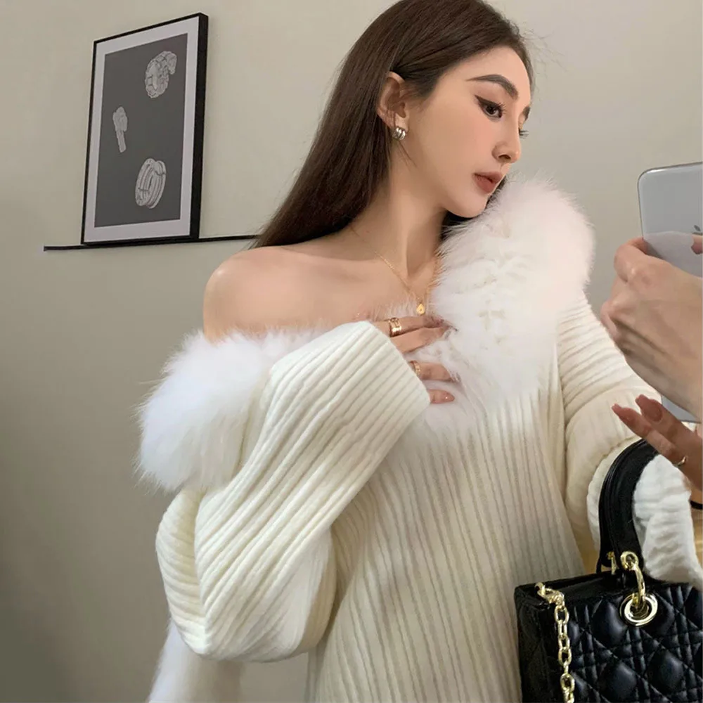 Korean White Off Shoulder Sexy Sweater Women's Winter Loose Long Sleeve Pullovers Ladies Elegant Fur Splice Med-length Knitwears