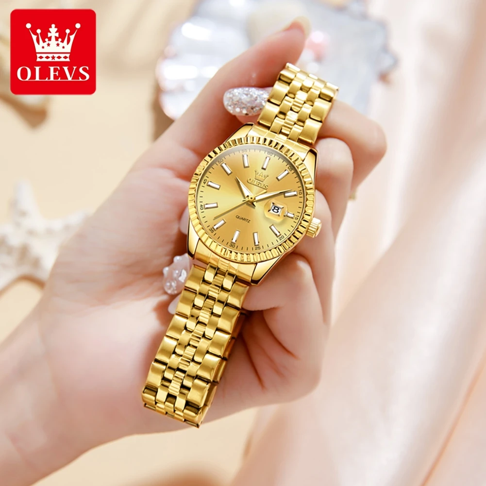 OLEVS-Montre de couple en or avec bracelet en acier inoxydable, montre à quartz, son et son calendrier, amoureux romantique, luxe original, homme et femme