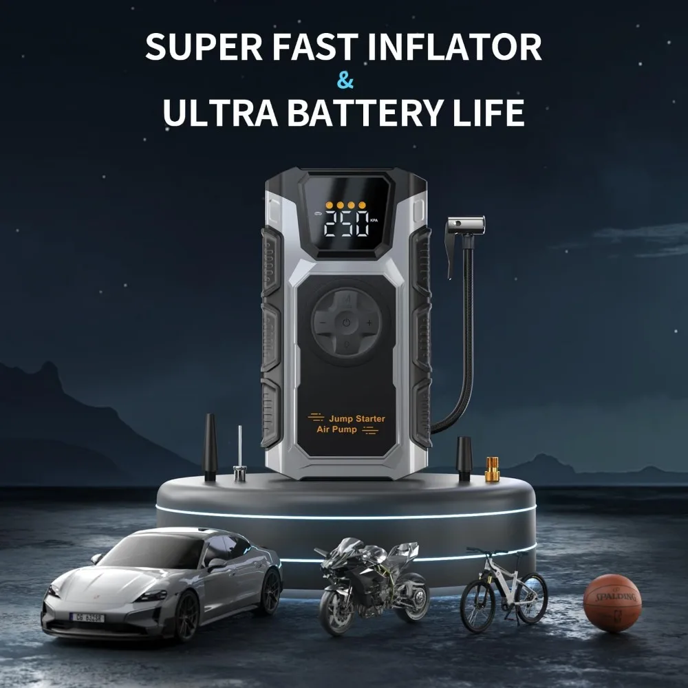 مشغل قفز السيارة مع ضاغط هواء، بطارية محمولة 5500 أمبير (غاز 9.0 لتر/ديزل 7.5 لتر)، صندوق قفز قوة بطارية السيارة 12 فولت