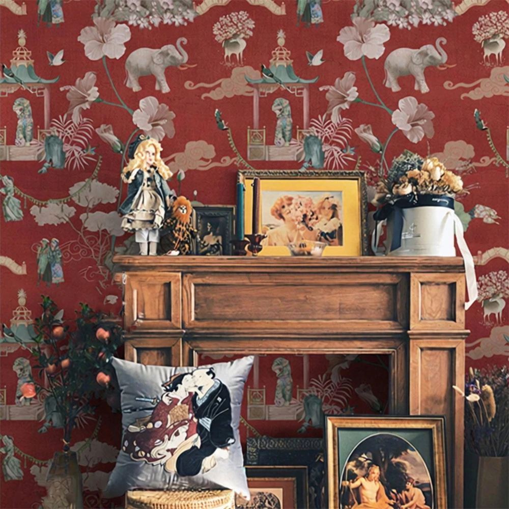 custom Retro dark red Chinese wallpapers for living room Forbidden City flower and bird wallpaper TV background mural wall paper