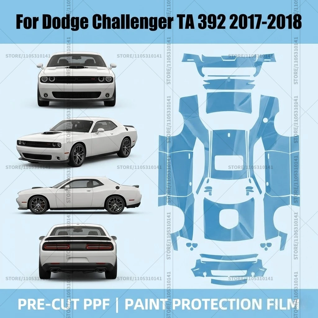 

Для Dodge Challenger TA 392 2017-2018: Предварительно вырезанная прозрачная защитная пленка (PPF) для автомобиля, полный комплект для всего кузова