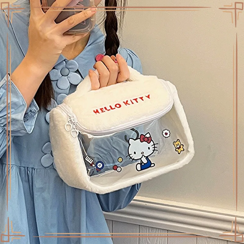 anime   Hello Kitty   Borsa per il trucco in peluche   ragazza   decorare   Borsa da toilette trasparente   Portatile   Borsa a tracolla   Grande capacità   Accessori   Regalo