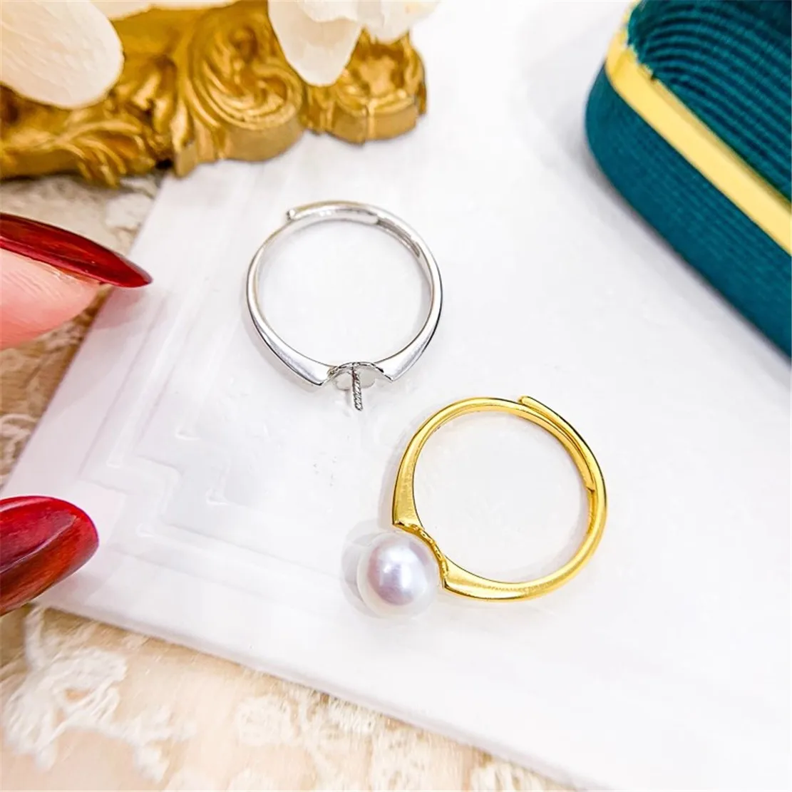 

S925 Silver Sterling Ring Inlaid Zirconia Half Hole Pearl Ring Base Resizable Design DIY Handmade Fine Jewelry Ring Accessories