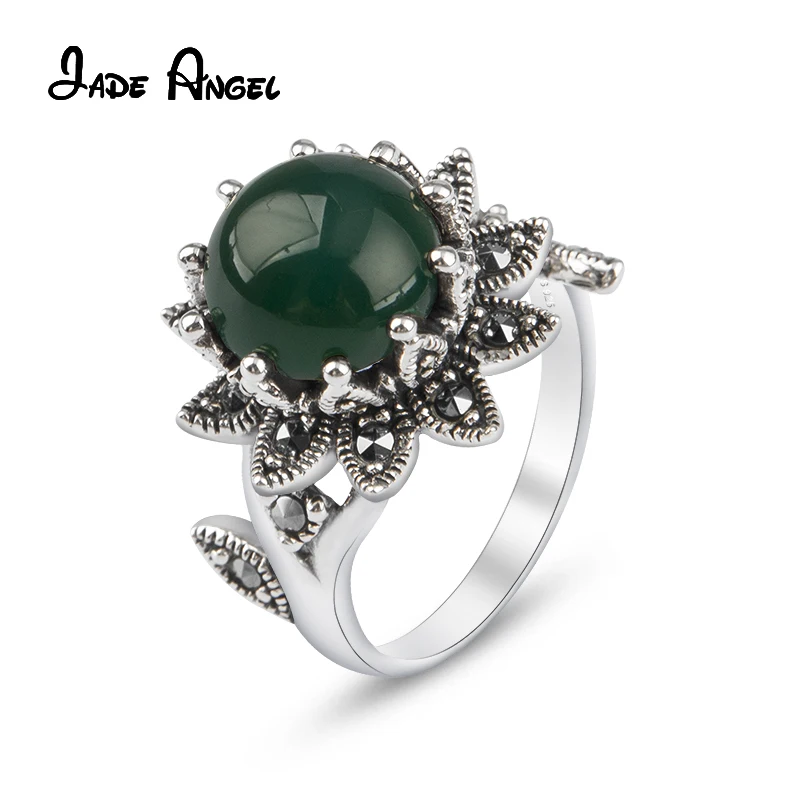 YYSuniee Silver Sunflower Marcasite Set Black Red Green Composite Agate Retro Anti-Allergy Genuine Silver Women's Ring