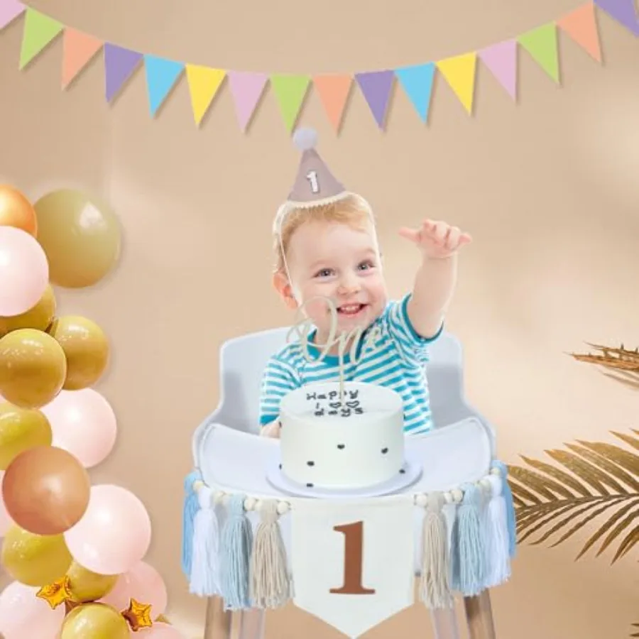 1st Birthday Decorations Boy, High Chair Banner First Birthday Decorations Boho Wood Bead Tassel, Baby 1st Party Hat with One C