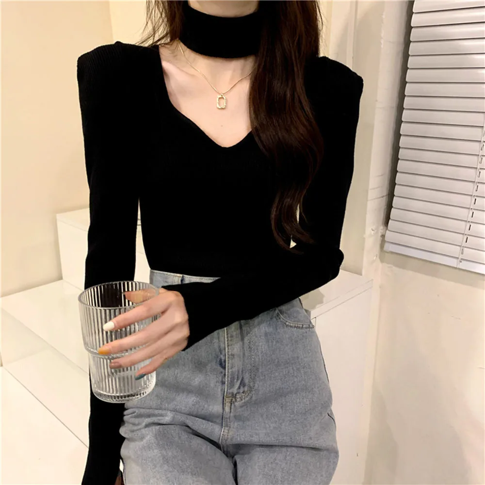 Turtleneck Pullovers Women 2022 Spring Summer Sexy V-Neck Hollow Knit Sweaters Woman Vintage Style Solid Jumper