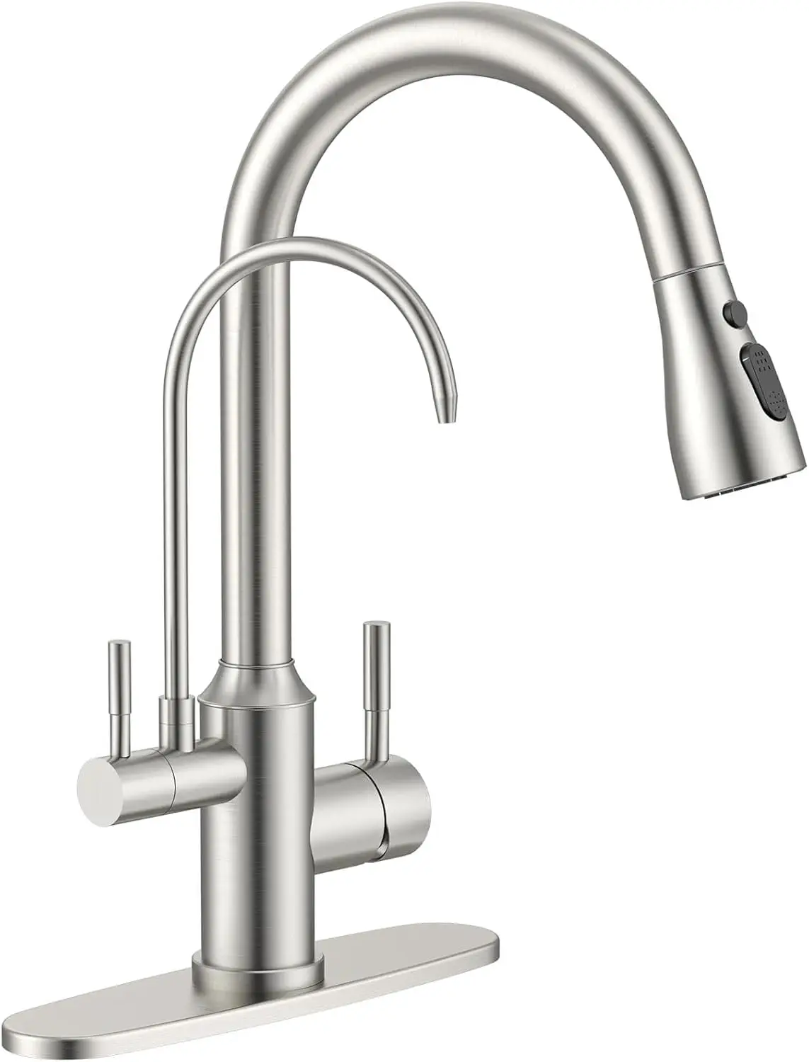 

3-Way Kitchen Faucet with Pull Down Sprayer, High Arc, 2 Handle, Brushed Nickel, CUPC Certified