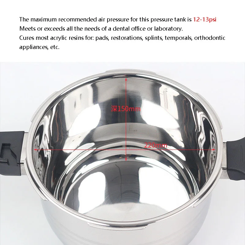 Dental Laboratory Denture Curing High Temperature Pressure Cooker Sterilization Pneumatic Polymerization Pot With Pressure Gauge