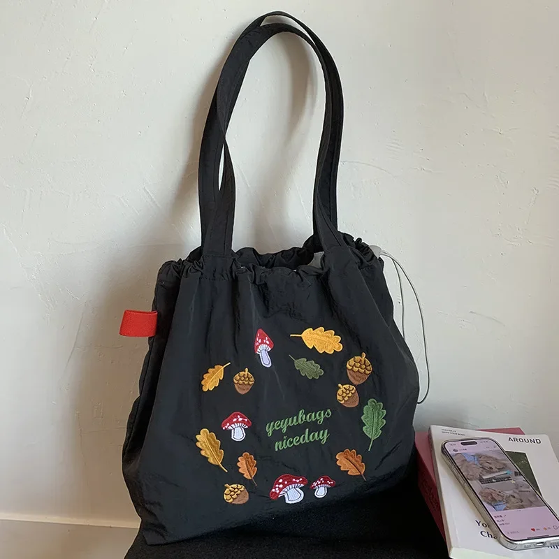 

Vintage Embroidery Nylon Tote Shoulder Bag for Women Large Capacity Ladies Drawstring Shopper Bags Casual Portable Handbags